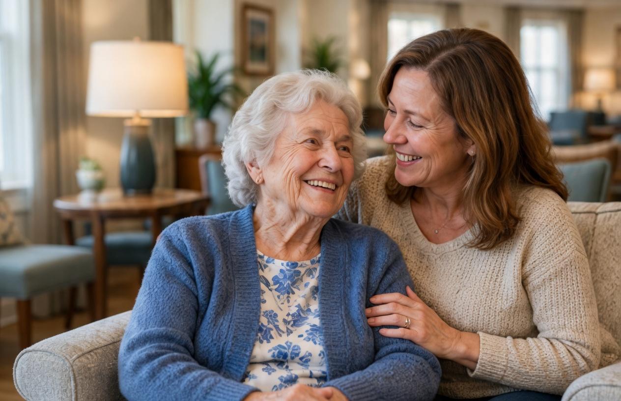 An older woman and a younger woman smiling together on a sofa